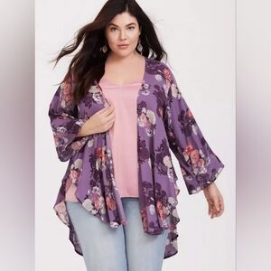 Torrid Purple Floral Crepe Shirttail Kimono Plus Size 3x/4x